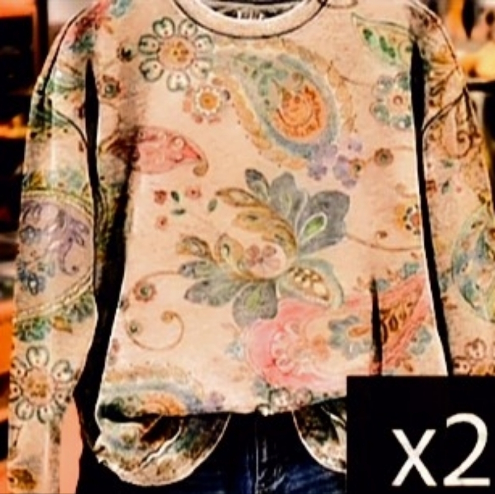 "Cherry Boutique" Women’s Floral Paisley Crewneck Sweater - Pink Cream Size L